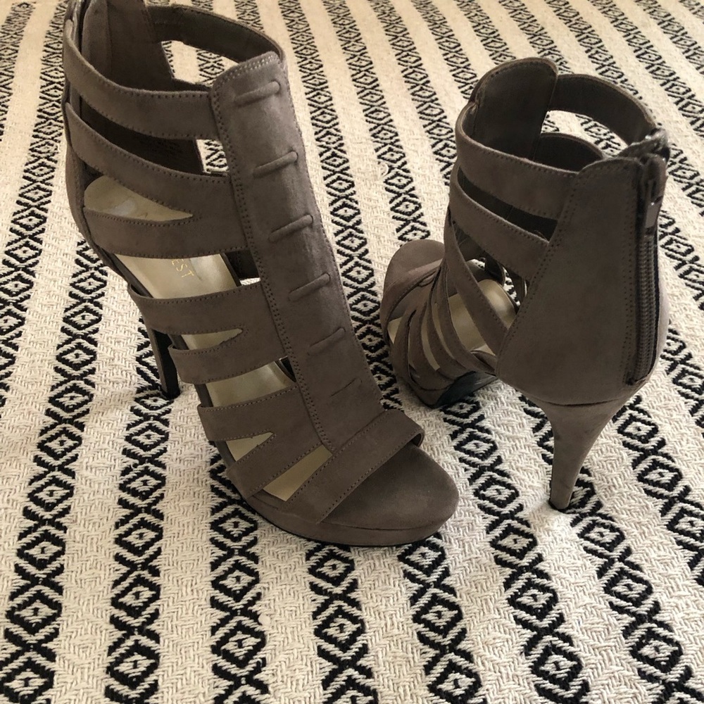 Nine West Taupe Strappy Suede High Heel Booties